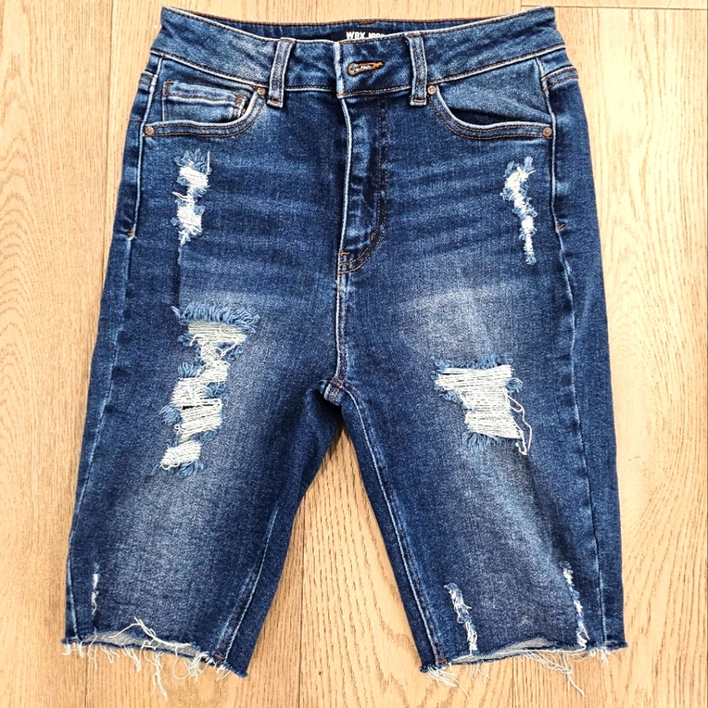 Distressed Bermuda Shorts, Dark Washed Denim